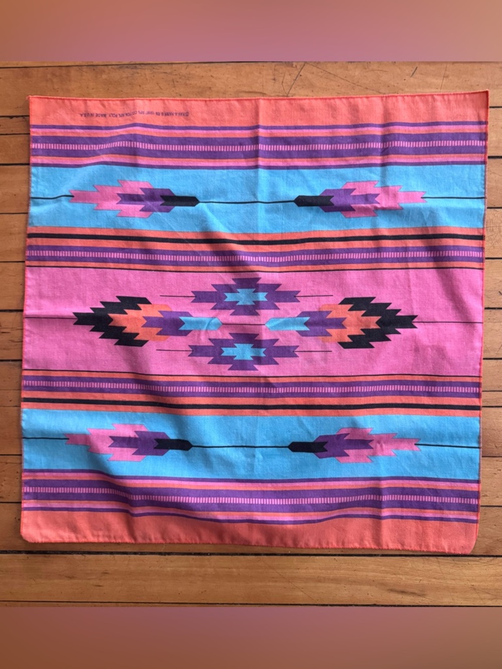 Vtg Vintage 80s Aztec Southwest Bandana Scarf pink blue orange multicolor square